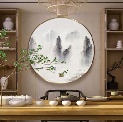 新中式装饰画圆形山水景物风景挂画客厅壁画 